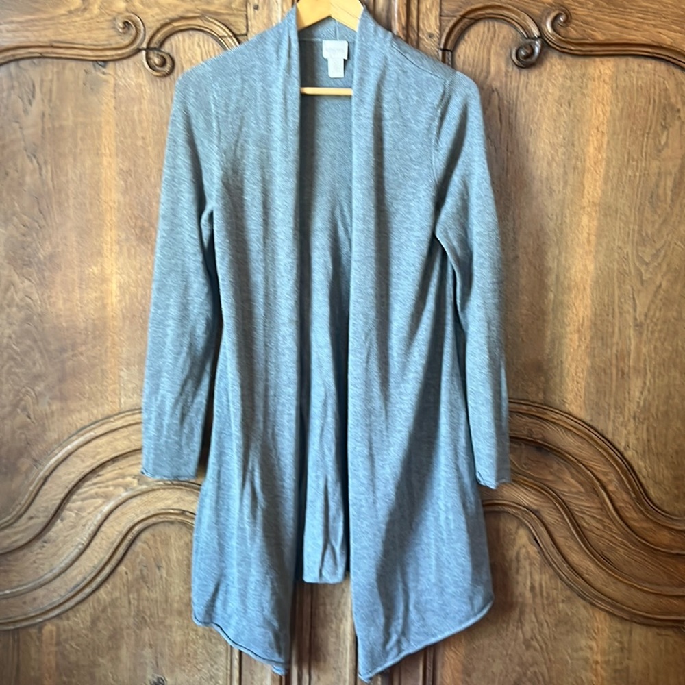 Chicos Gray Cotton Blend Open Cardigan Shawl Collar Sweater